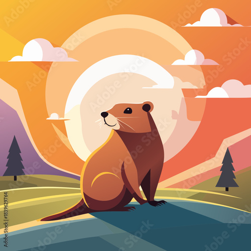 Groundhog Sunset Illustration — geometric vector silhouettes of groundhogs with bold sunset backdrops