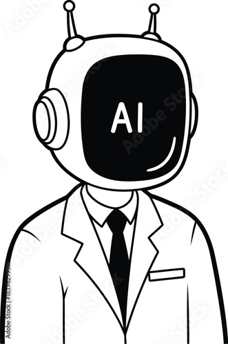 Cartoon robot with ai displayed on its screen wearing a suit