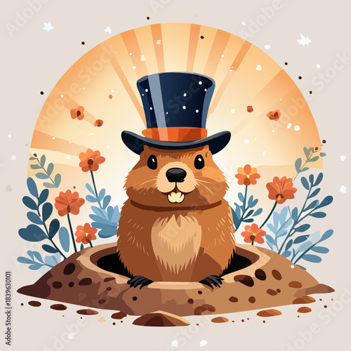 Groundhog Day Illustration — cute vector groundhogs in top hats with floral landscapes and sunrise scenes