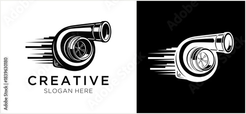 Stylized black and white turbocharger logo with speed lines, representing power and performance for automotive design.