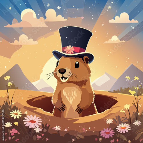 Groundhog Day Illustration — cute vector groundhogs in top hats with floral landscapes and sunrise scenes