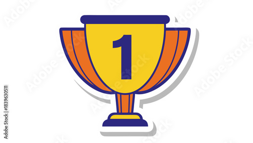 A vibrant graphic illustration of a gold and orange first place trophy with a blue base and number one icon against a stark black background symbolizing achievement and victory