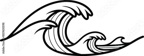 Stylized black and white outline of crashing ocean waves