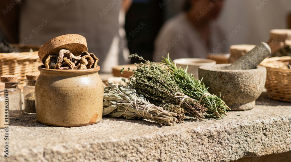 Naklejka premium Dried herbs and mortar sit on a rustic stone market table with ceramic jars and woven baskets suggesting traditional apothecary or culinary preparation. Blurred background provides copyspace for text 
