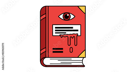 A Stylized Red Book with a Red Eye and Dripping Red Ink on a Black Background