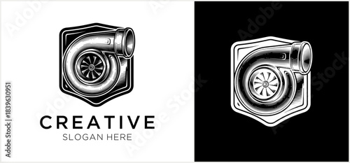 Turbocharger emblem with bold monochrome mechanical shield outline.