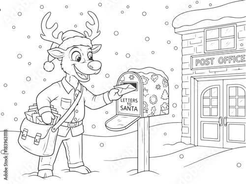 A cartoon reindeer mail carrier delivering a letter to Santa's mailbox outside a post office in the snow, a Christmas coloring page.