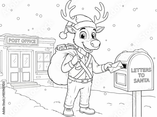 A charming black and white coloring page features a cartoon reindeer postman wearing a Santa hat, delivering a letter into a 'Letters to Santa' mailbox outside a post office in a snowy winter scene.