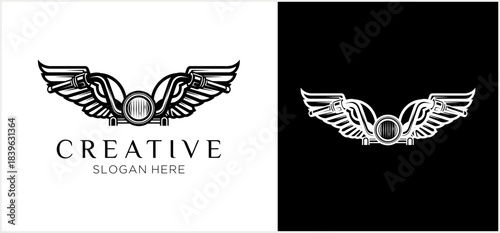 Winged camera lens emblem in bold vintage monochrome style.