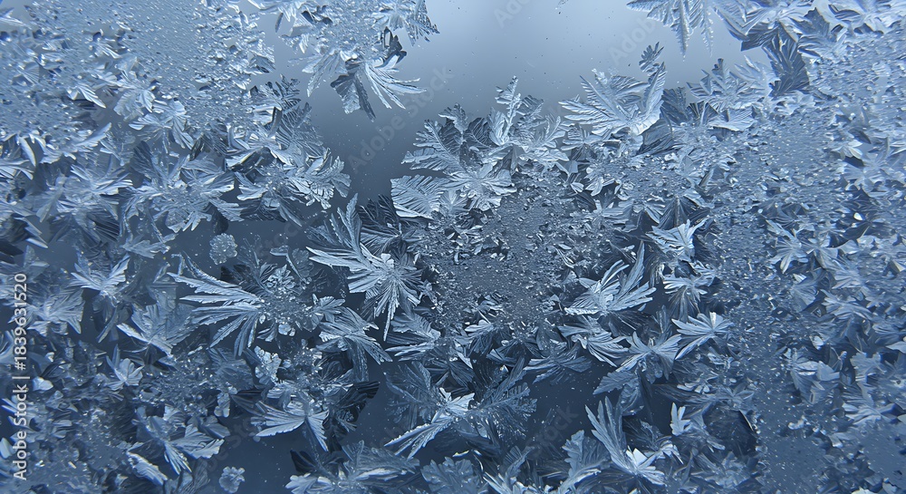 Obraz premium Abstract frost patterns on icy glass window with detailed crystalline winter design