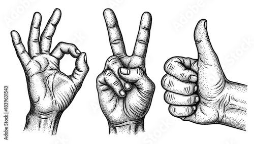 hand gestures set: okay, peace sign, and thumbs up in a vintage halftone stipple effect