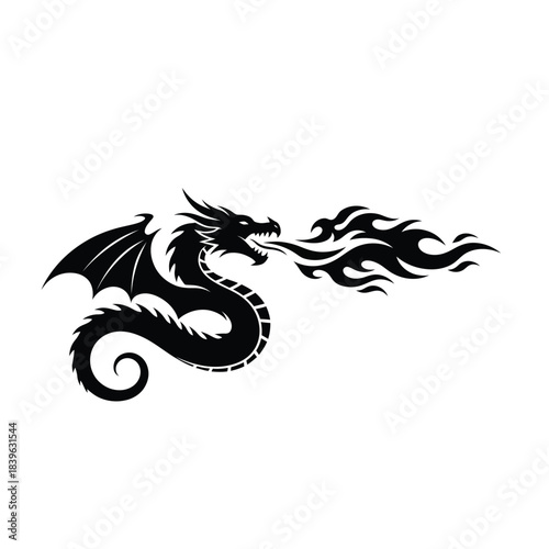 Fantasy dragon symbol with fire for tattoo and logo design black vector icon
