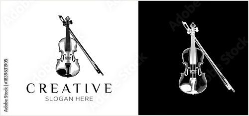 Vintage violin and bow emblem in bold monochrome style.