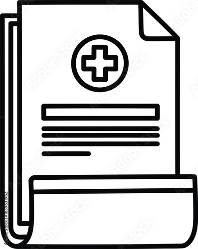 Clean line art icon of medical document with plus symbol and text