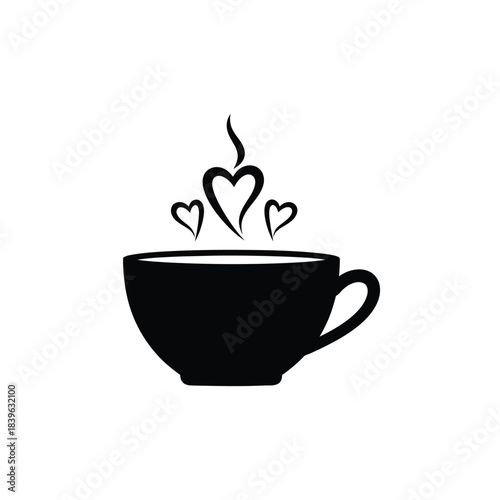Black silhouette of a coffee cup with heart steam a minimalist icon representing love warmth and comfort