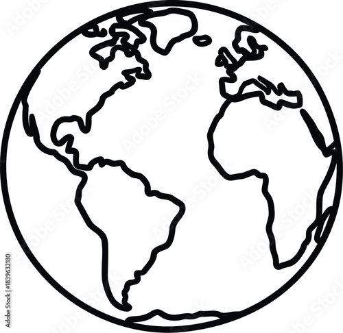 Simple outline drawing of planet earth showing continents and oceans