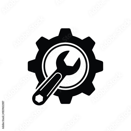 Simple flat vector icon of a gear and wrench representing settings tools or maintenance for web and app design