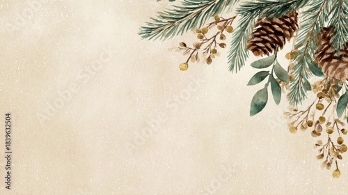 rustic, vintage feel, featuring a top-right corner border of pine cones, evergreen fir branches, and muted winter berries on an aged, textured parchment background. Ideal for holiday greeting cards.