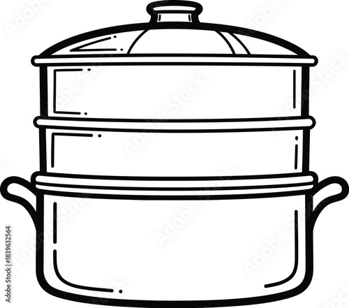 Simple line drawing of a two tiered steamer pot with handles and lid