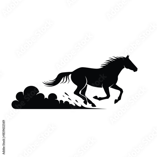 Dynamic black silhouette of a galloping horse creating a dust trail to symbolize speed power and freedom in design