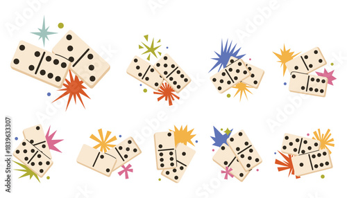 Set of fun domino game pieces with bold star compositions in bright cartoon flat style. Playful shapes create a cheerful game mood perfect for creative design, kids themes and modern projects.