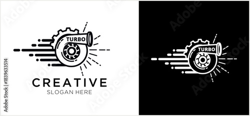 Turbocharger gear symbol with speed lines in monochrome style.