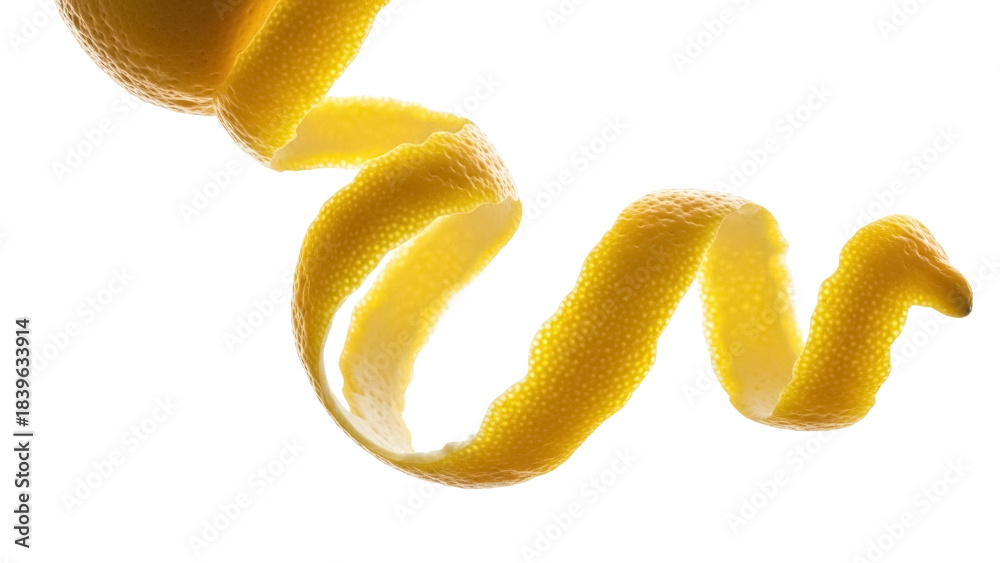 Φωτογραφία Bright yellow lemon peel curl isolated PNG, citrus zest garnish for cocktails an