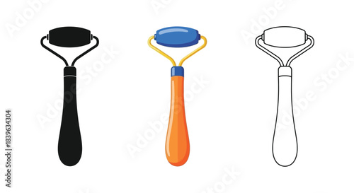 Three facial roller illustrations in different styles and color schemes