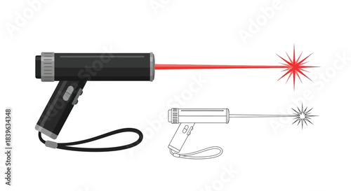 Illustration of two laser pointers emitting red beams and starburst effects