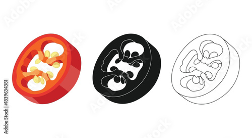 Illustrative depiction of a sliced red chili pepper in three distinct styles