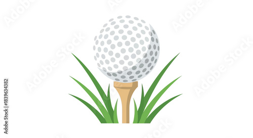 A golf ball resting on a tee surrounded by green blades of grass