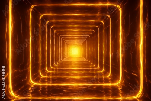 Long tunnel with a bright yellow light shining through it. The tunnel is made of squares and the light is reflecting off the walls