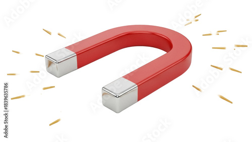 Tableau sur toile Red horseshoe magnet attracting metal shavings PNG isolated on transparent backg