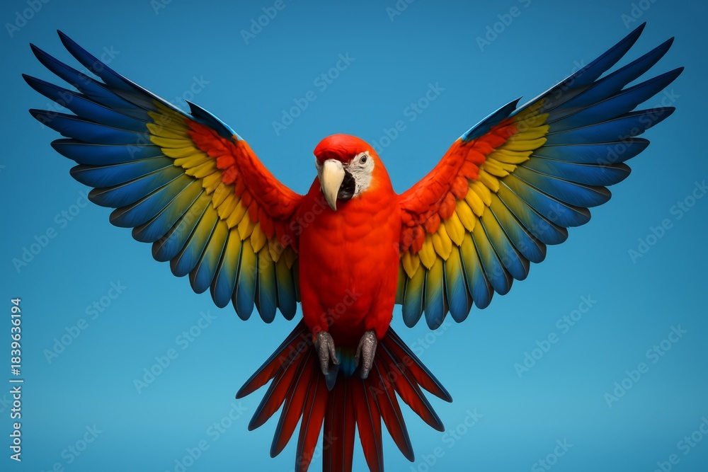 Fototapeta premium Colorful parrot with a red head and yellow and blue wings is perched on a blue background