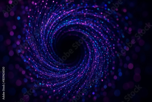Spiral galaxy with purple and blue swirls. The galaxy is filled with stars and is surrounded by a dark void. The colors of the galaxy are vibrant