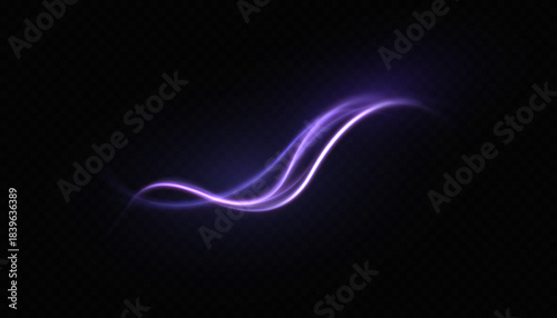 A bright purple light trail with a glowing stream of neon line effect and highlights, a vector graphic isolated on a transparent background.