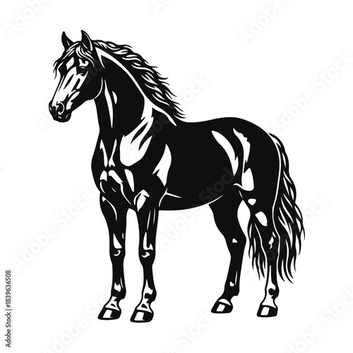 A black and white silhouette of a standing horse with an elegant posture. Horse silhouette, standing horse, black horse, vector horse, farm animal