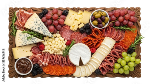 Quadro em tela Gourmet charcuterie board with cheese, meats, grapes, and olives isolated on tra