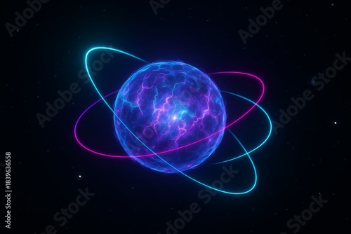 Glowing blue planet with a purple and pink ring around it. The planet is surrounded by a bright blue and purple light