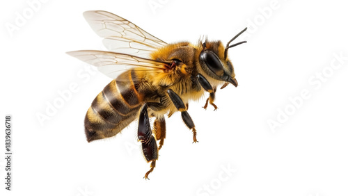 Detailed honeybee PNG isolated on transparent background, close-up of a flying insect with wings and striped abdomen for beekeeping and nature designs