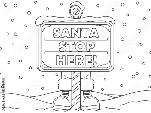 A black and white illustration of a Santa Stop Here sign in a snowy landscape with falling snowflakes.