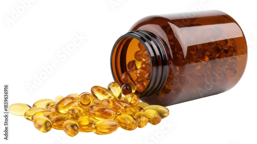 Tableau sur toile Amber bottle with omega-3 fish oil capsules isolated PNG, dietary supplement for