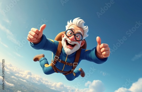 Happy grandfather skydiving with thumbs up. Enthusiastic senior man enjoys freefall in blue skies. Bold elderly person takes thrill seeking leap.