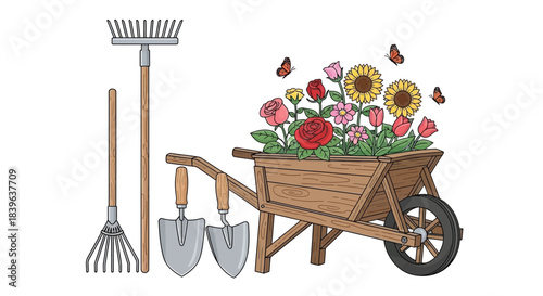A colorful garden scene with tools flowers butterflies and a wooden wheelbarrow