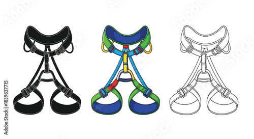 Detailed illustrations showcasing climbing harnesses in various colors and outlines