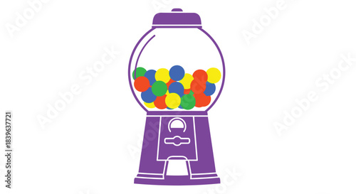 A simple illustration of a purple gumball machine filled with colorful gumballs