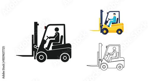 Forklift truck illustrations in black yellow and outlined styles for industrial graphics