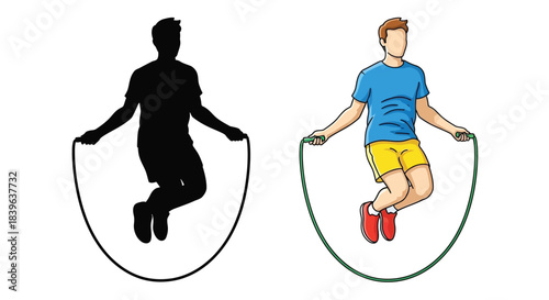 Illustration of a man jumping rope shown in silhouette and colored versions