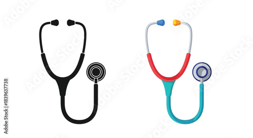 Two medical stethoscopes displayed one black one colorful on a white background