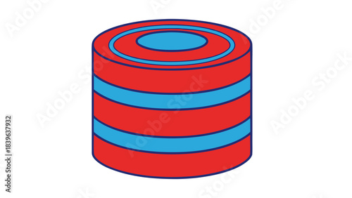 Abstract cylindrical object with red and blue horizontal stripes and concentric circles on top against a black background